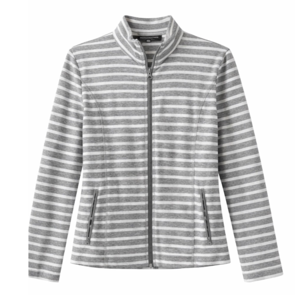 Jones New York Women Grey White Striped Full Zip Mock Neck‎ Jacket Large JNY